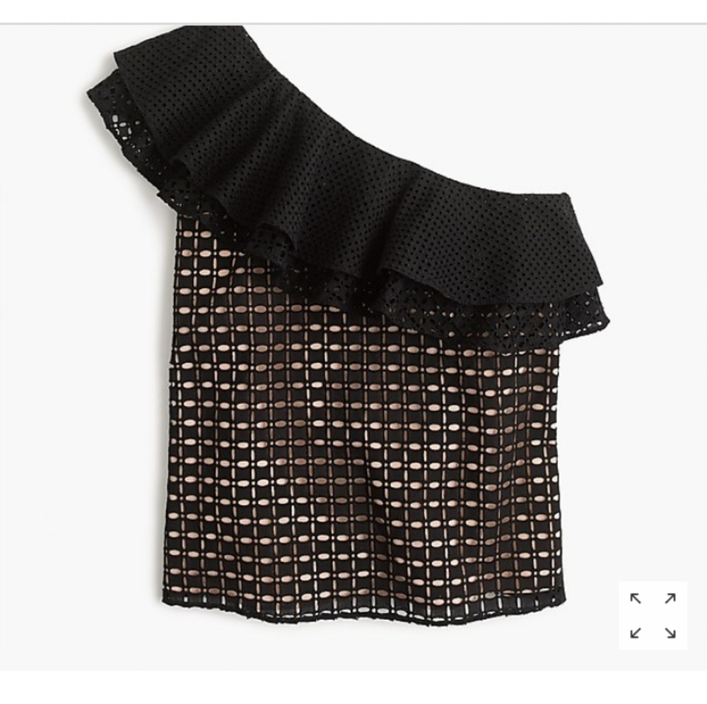 NWOT J Crew black one shoulder ruffle top eyelet